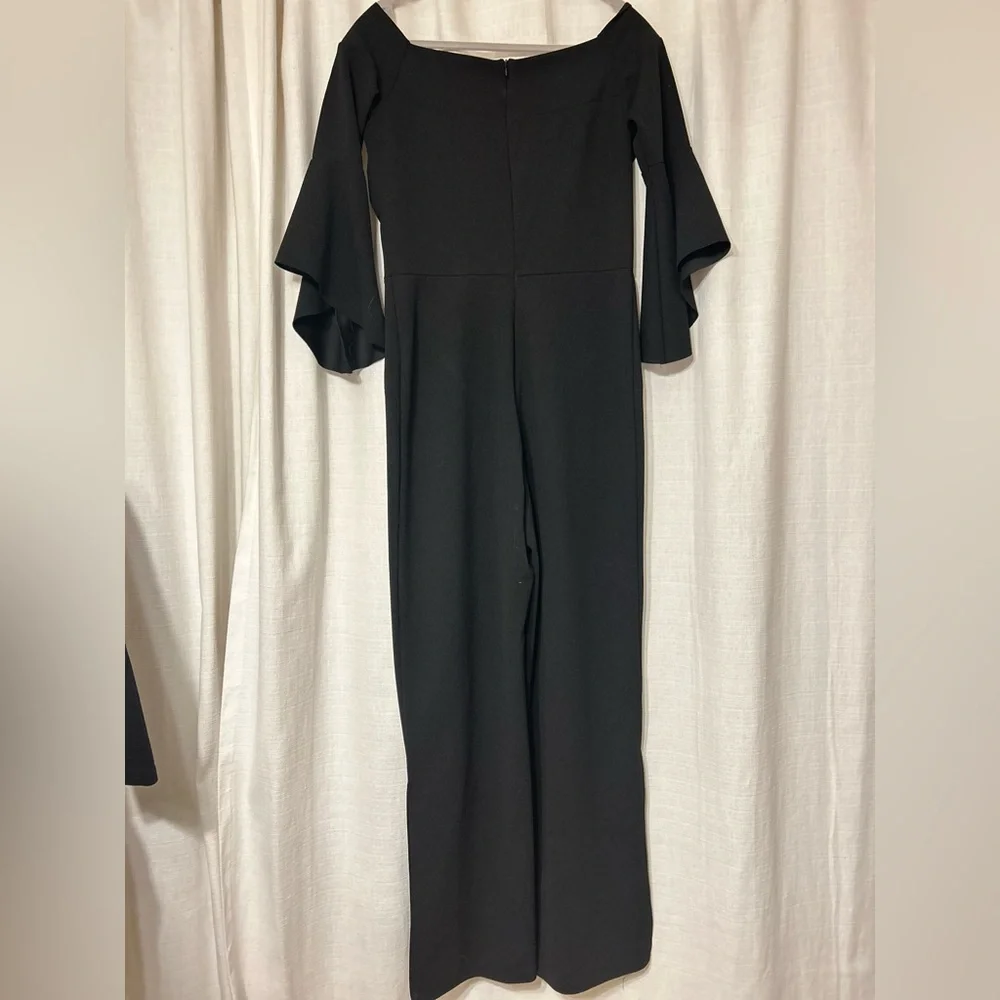 bebe Black‎ Off-Shoulder Wide-Leg Jumpsuit with Fluted Sleeves